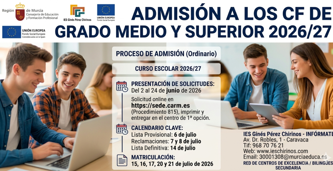 Comienza el proceso de admisión para los CF de Grado Medio y Superior para el curso 2026/27